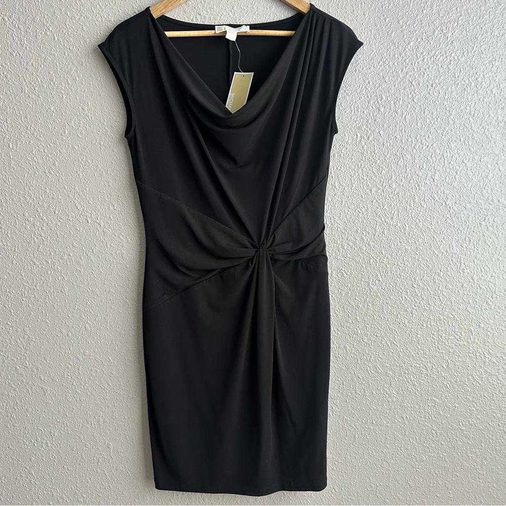 Michael Kors NEW Black short sleeve cowl neck knot tie waist cocktail dress NWT